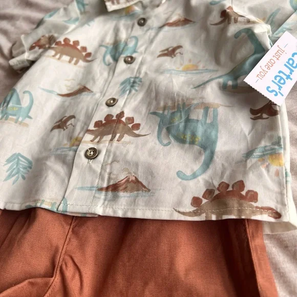 Carter's Dino Print Shirt and Rust Shorts Set - Picture 2 of 5